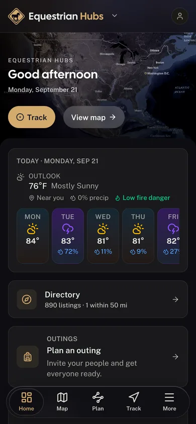 The Equestrian Hubs app dashboard