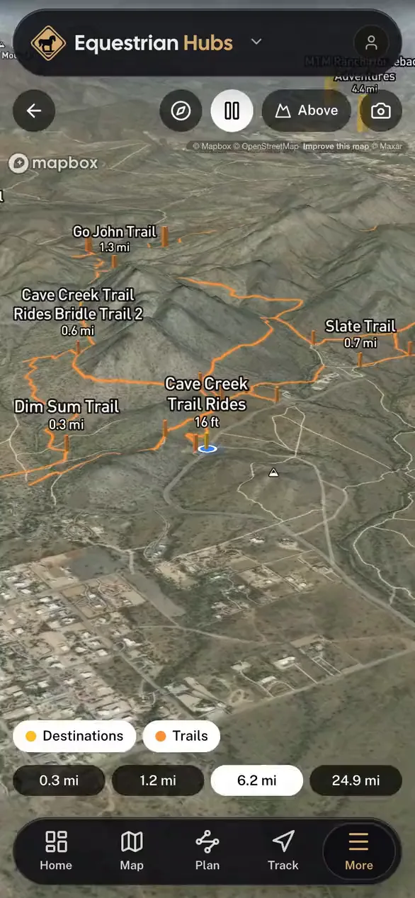 Nearby places standing on the real terrain in 3D in the Equestrian Hubs app