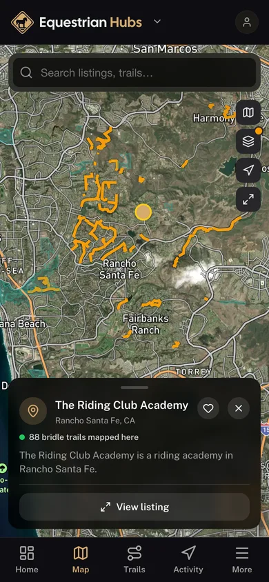 Nearby places mapped in the Equestrian Hubs app