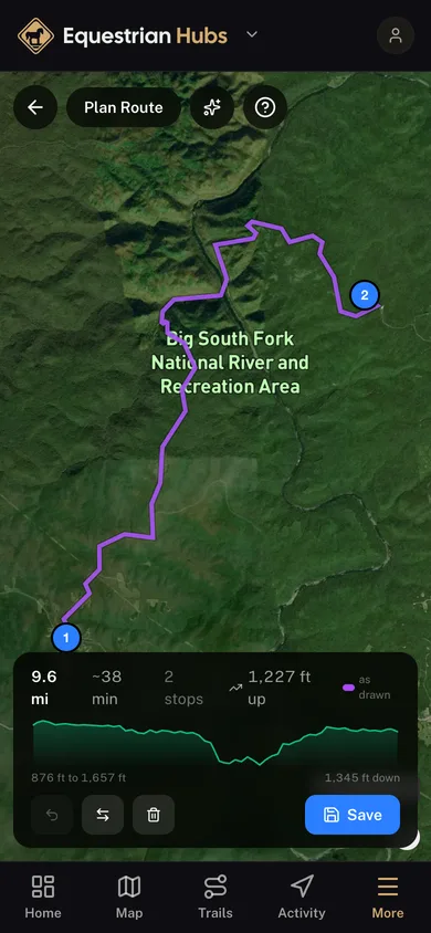 A planned route with its distance, stops and elevation profile in the Equestrian Hubs app