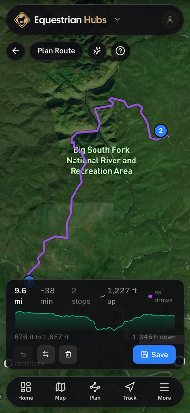 A planned route with its distance, stops and elevation profile in the Equestrian Hubs app