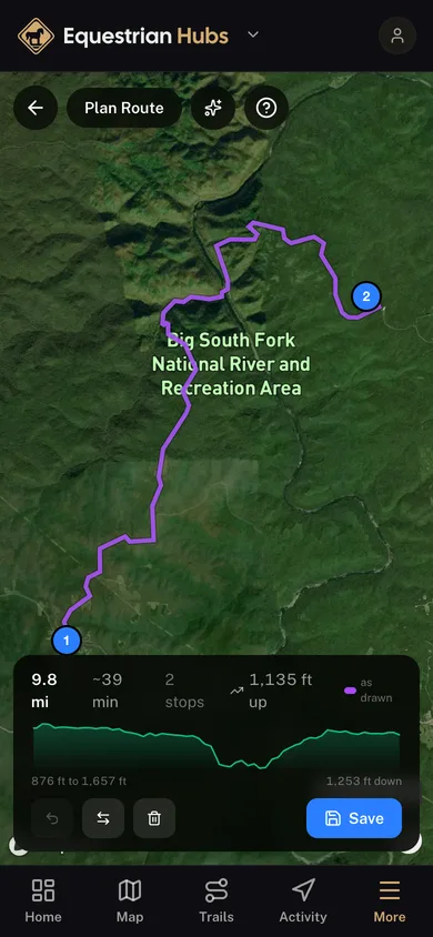 A planned route with its distance, stops and elevation profile in the Equestrian Hubs app