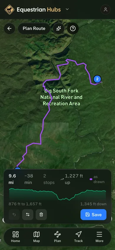 A planned route with its distance, stops and elevation profile in the Equestrian Hubs app