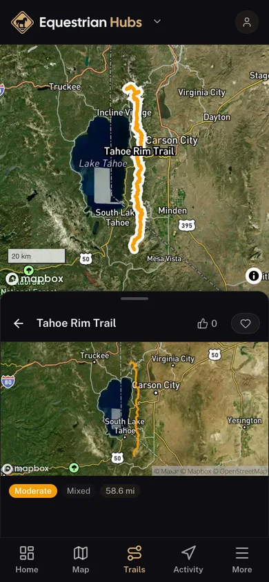 A named trail traced over satellite imagery in the Equestrian Hubs app