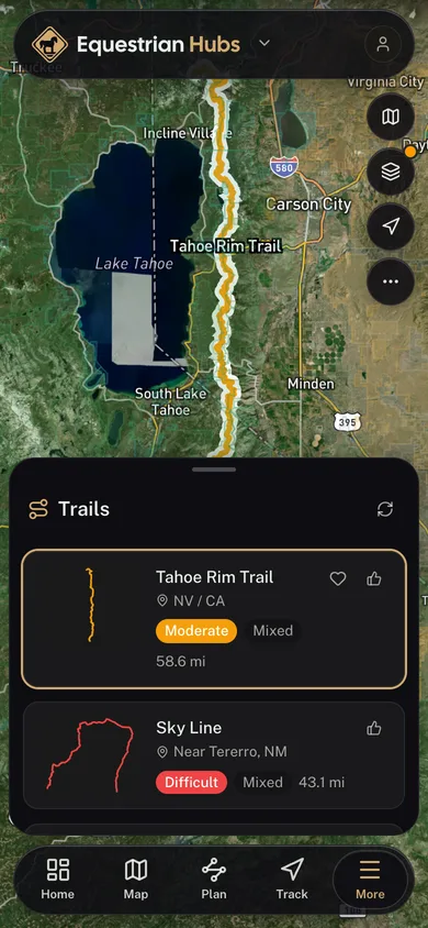 A named trail traced over satellite imagery in the Equestrian Hubs app