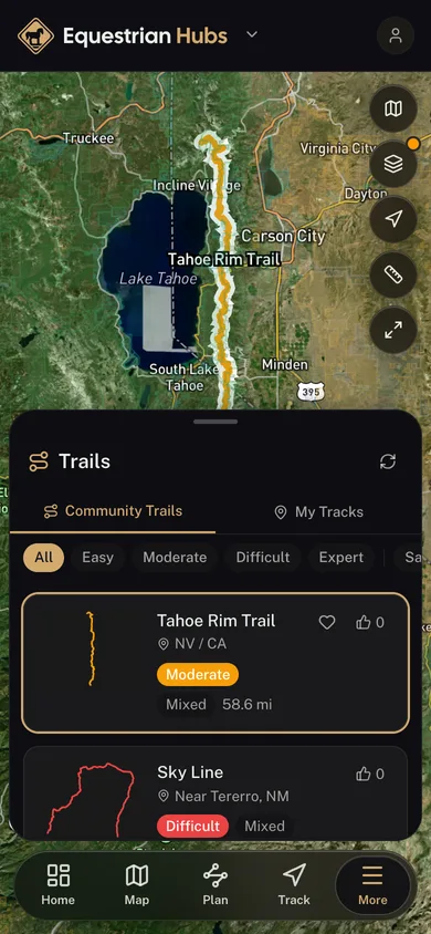 A named trail traced over satellite imagery in the Equestrian Hubs app