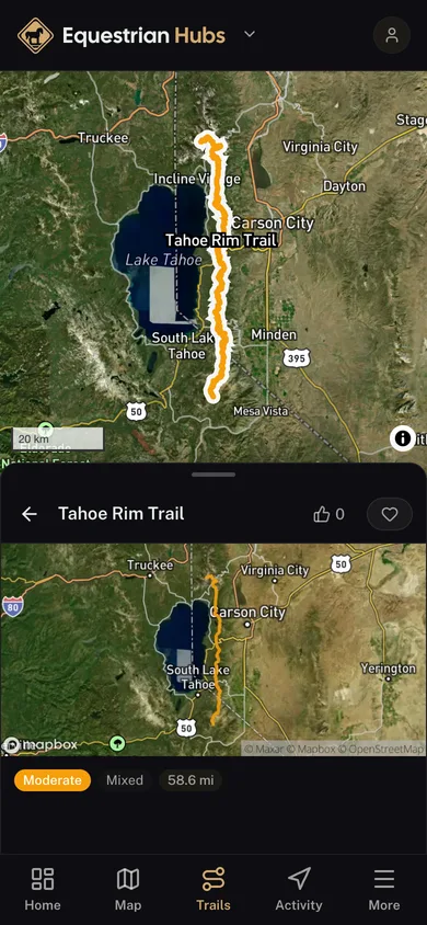 A named trail traced over satellite imagery in the Equestrian Hubs app