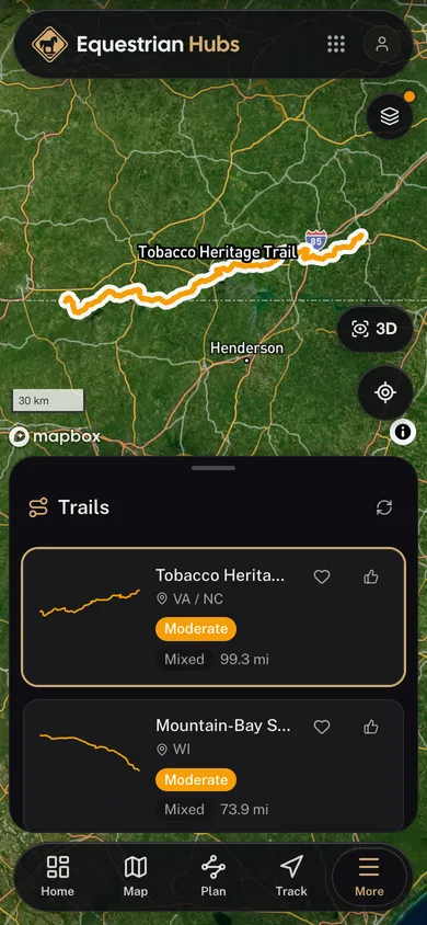A named trail traced over satellite imagery in the Equestrian Hubs app
