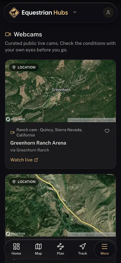 Live public webcams grouped by state in the Equestrian Hubs app