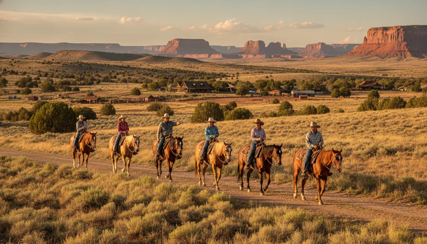 A relaxed group of beginner riders on calm horses following a wrangler along a flat sagebrush trail below a western ranch, wide open sky, warm afternoon light