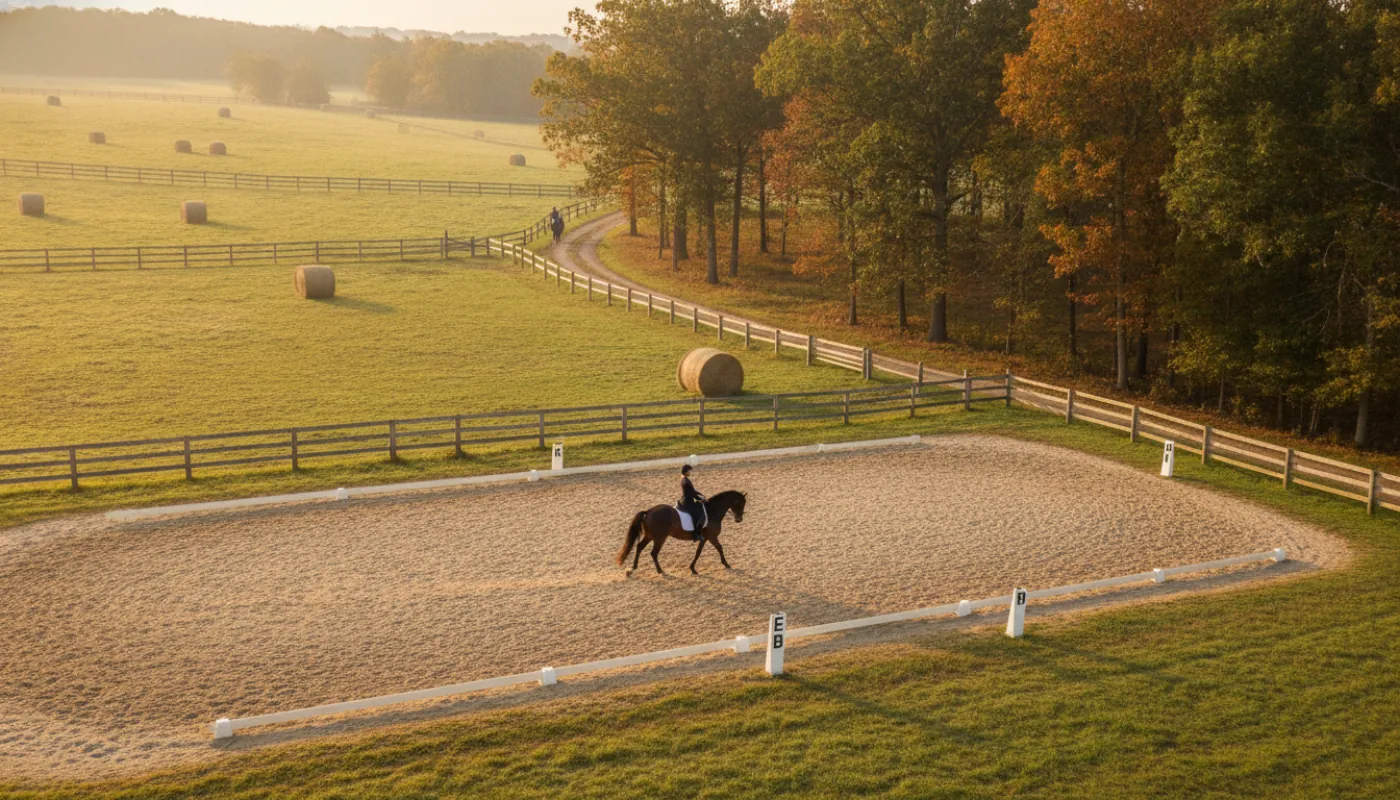 A rider schooling a horse at the trot in a sand dressage arena with lettered markers along the rail, upright classical seat, soft even morning light