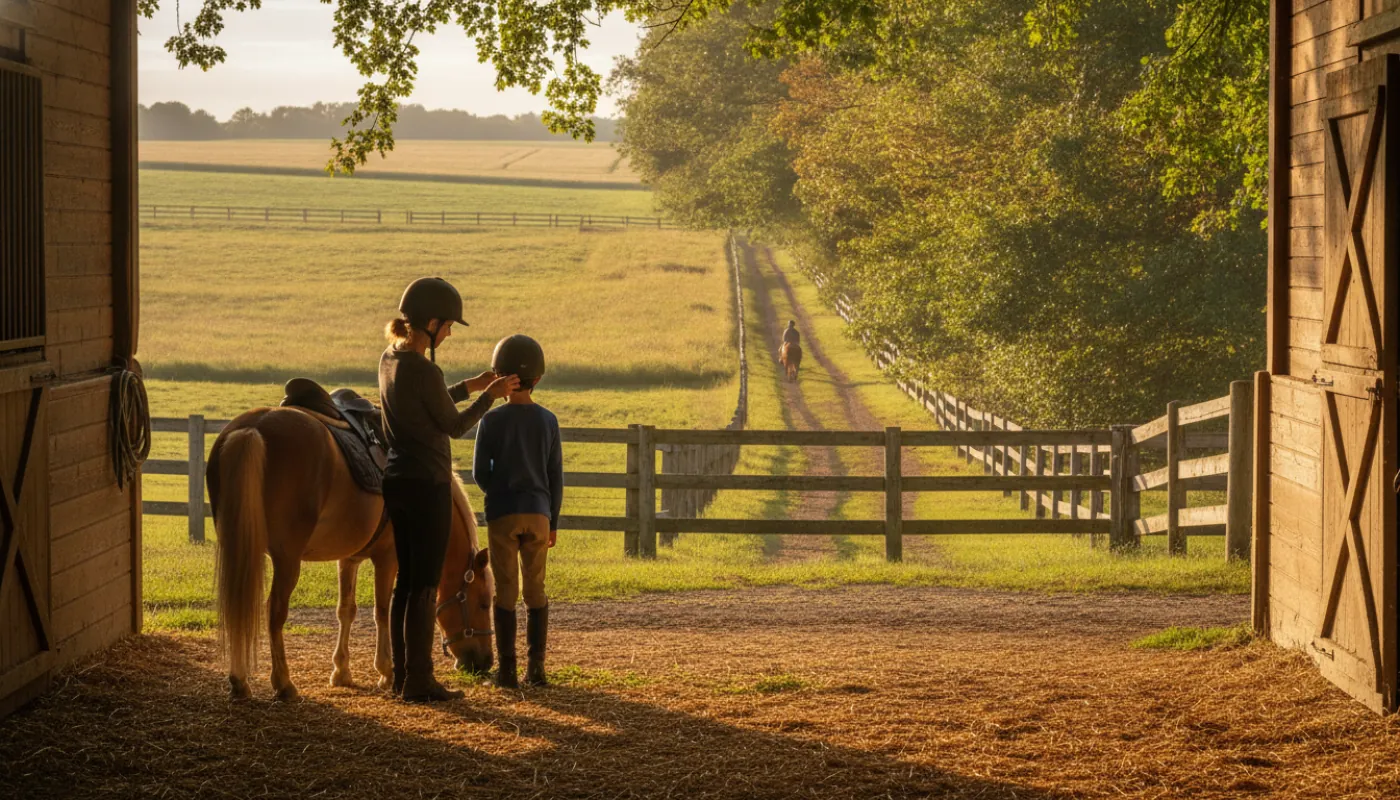 An instructor checking the chin strap of a certified riding helmet on a young rider standing beside a calm pony in a sunlit stable yard, warm morning light