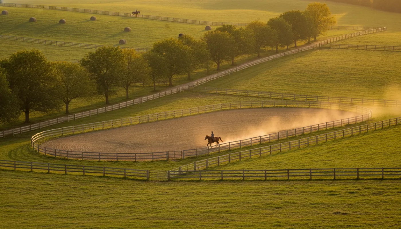 A rider cantering a horse on a relaxed rein in an outdoor arena at dusk, balanced seat, dust catching the low golden light