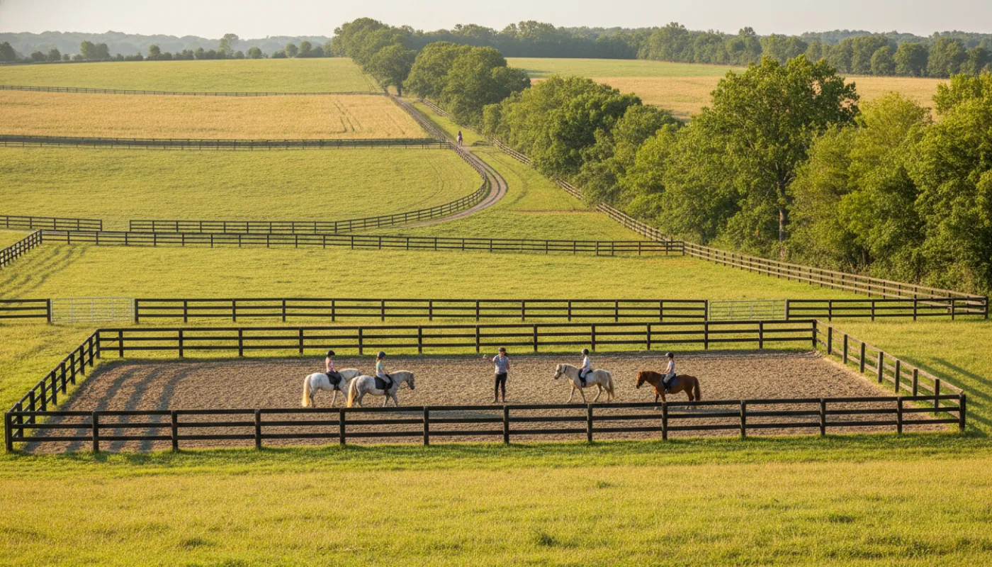A small group riding lesson for children on ponies in a tidy fenced arena, an instructor watching closely, calm and organized, bright morning light