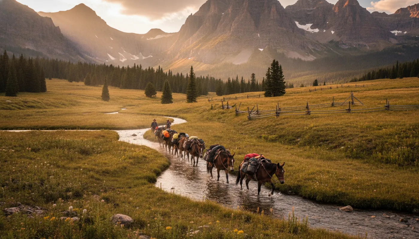 A pack string of horses and laden mules crossing a high mountain meadow beside a creek, panniers loaded, distant peaks, golden late-afternoon light