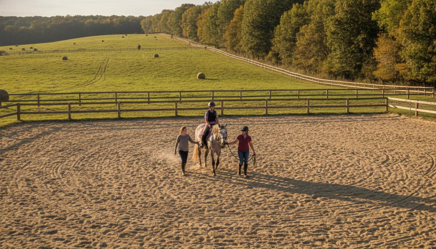 An adaptive riding session in an outdoor sand arena, a rider in a helmet flanked by two sidewalkers with a leader guiding a calm gray horse, soft natural light