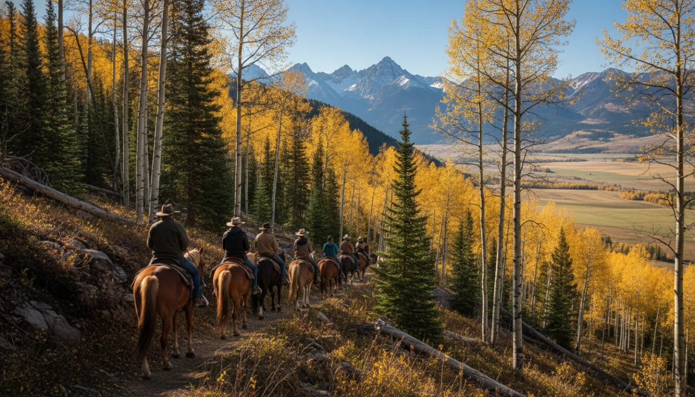 A guided string of horses climbing a high alpine trail through aspen and evergreen toward snow-dusted peaks, riders in a line, clear mountain morning light