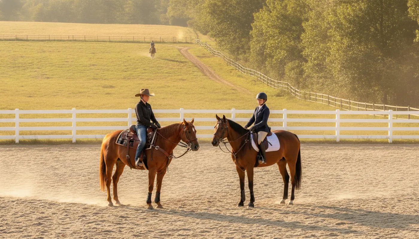 Two riders side by side in a sand arena, one on a horse in a deep western saddle with a horn and one in a compact english saddle, illustrating the contrast in tack, warm afternoon light