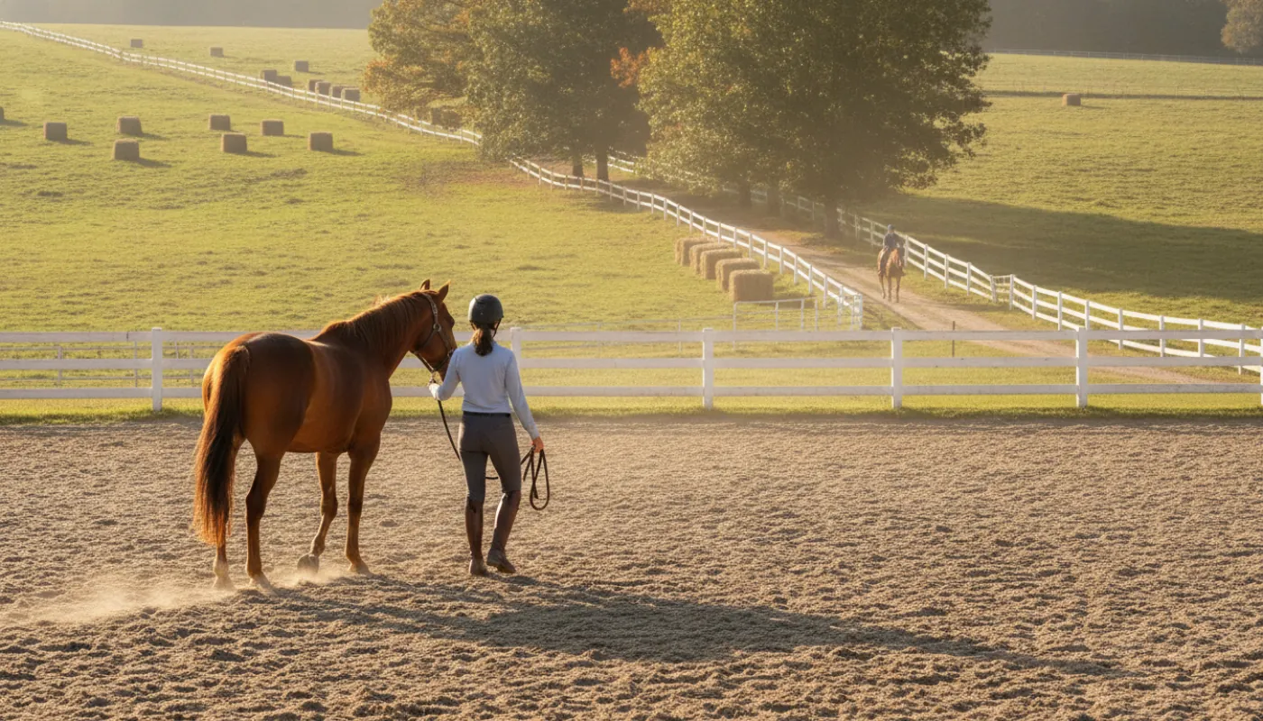 A beginner rider dressed for a first lesson in a certified helmet, heeled paddock boots, half-chaps and riding tights, leading a horse across a sandy arena in soft afternoon light