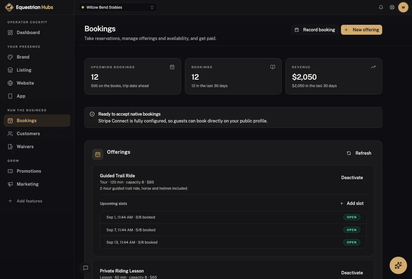 Equestrian Hubs cockpit: Bookings & payments