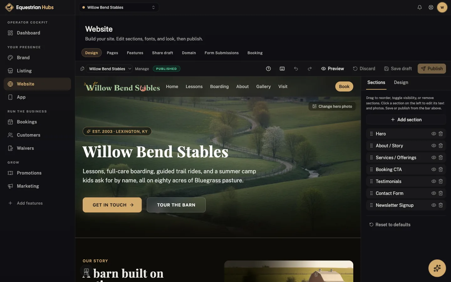 Equestrian Hubs cockpit: Website builder